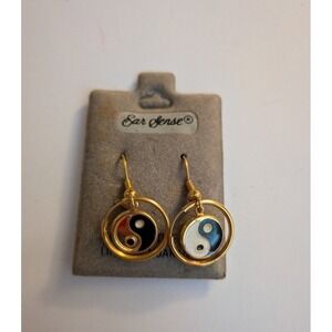 Ear Sense Vintage Yin Yang Dangle Earrings Gold Tone Enamel Drop Fishhook Retro